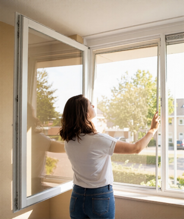 Inzethor inzethor wordt in raam gezet